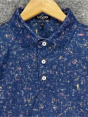 VIVID Golf Polo Mens M Navy Blue Speckled Print Colorful Performance Stretch EXC